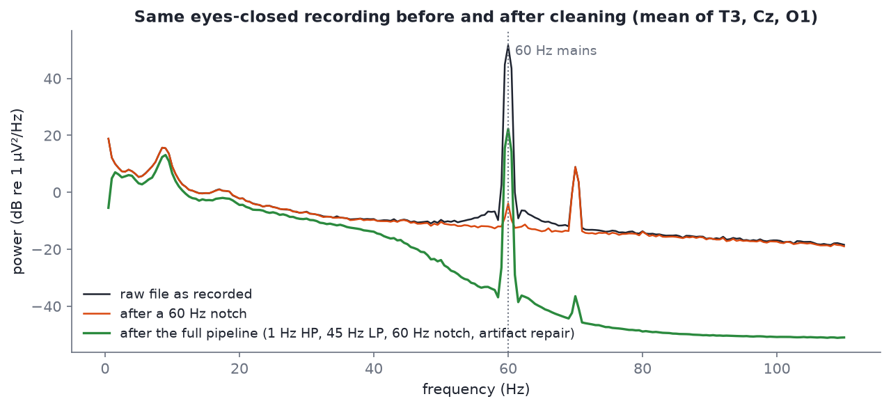 Spectrum of the raw recording, after a 60 Hz notch, and after the platform's full cleaning pipeline